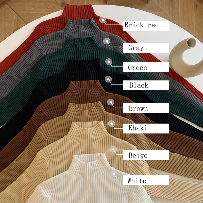 Elegant Solid Basic Knitted Tops Women Turtlneck Sweater Long Sleeve Casual
