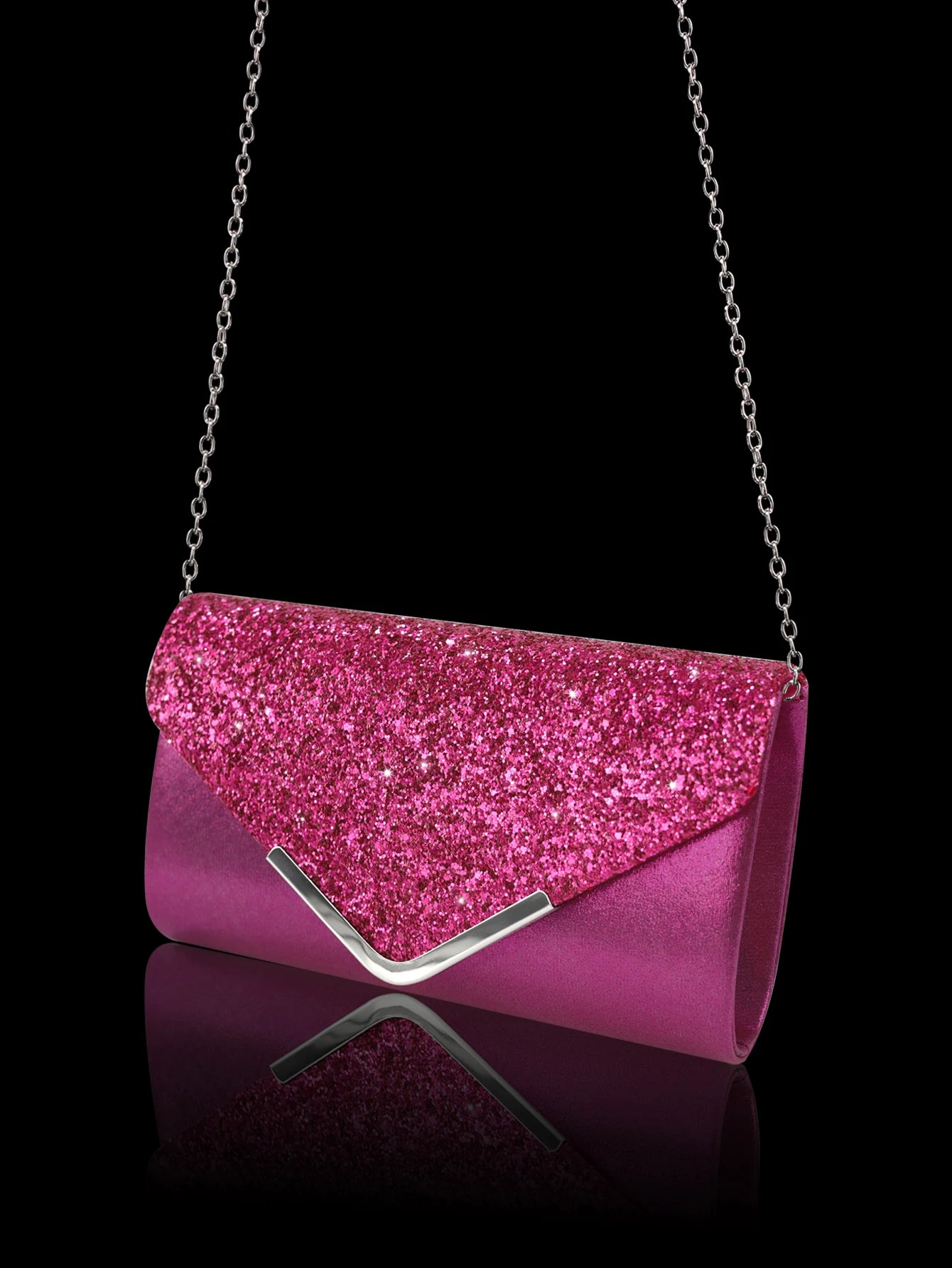 Sparkling and luxurious sequined evening clutch for women, paired with a gorgeous rhinestone necklace, earrings and bracelet set