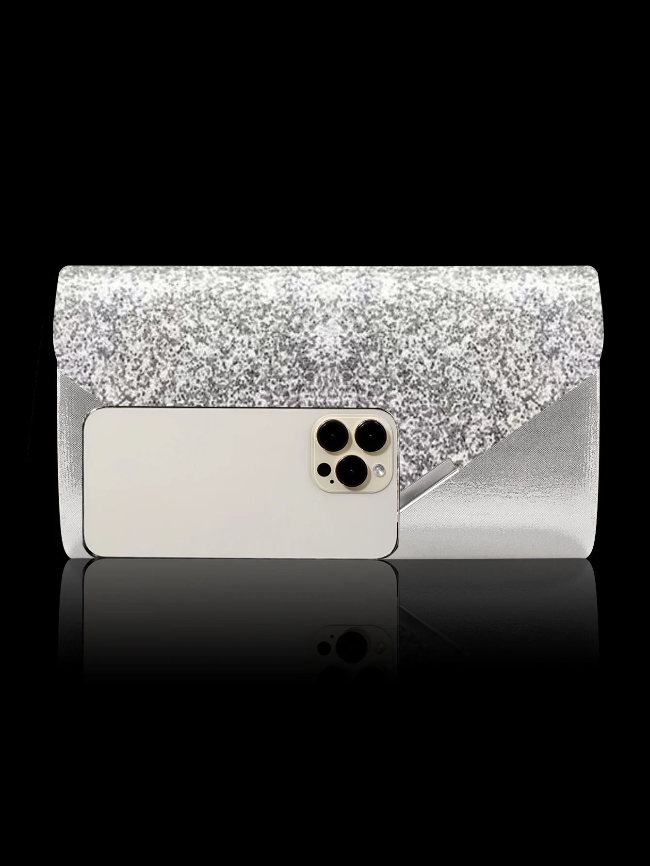 Sparkling and luxurious sequined evening clutch for women, paired with a gorgeous rhinestone necklace, earrings and bracelet set