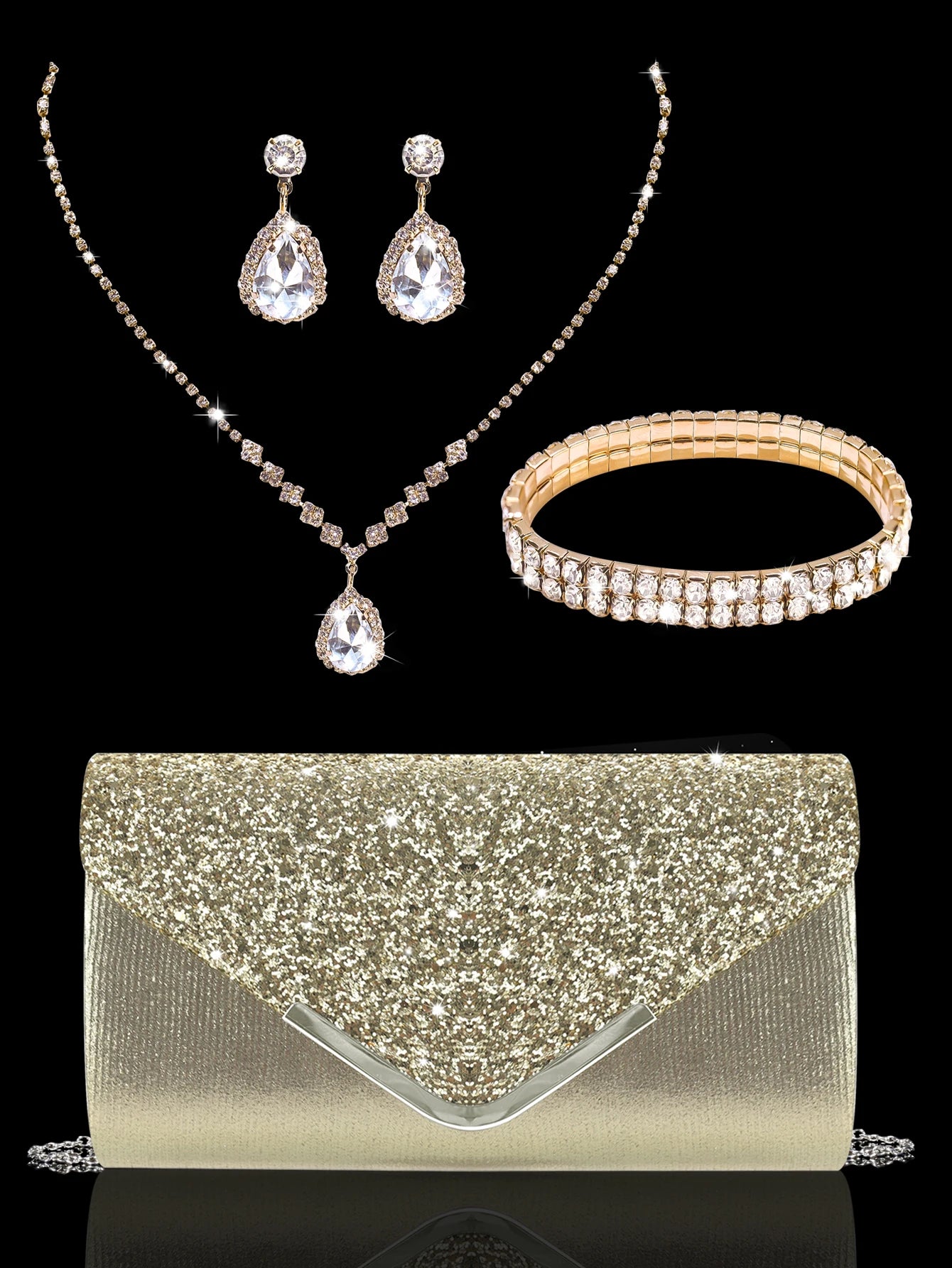 Sparkling and luxurious sequined evening clutch for women, paired with a gorgeous rhinestone necklace, earrings and bracelet set