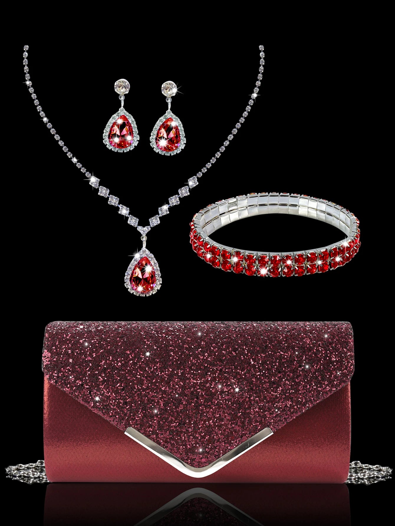 Sparkling and luxurious sequined evening clutch for women, paired with a gorgeous rhinestone necklace, earrings and bracelet set