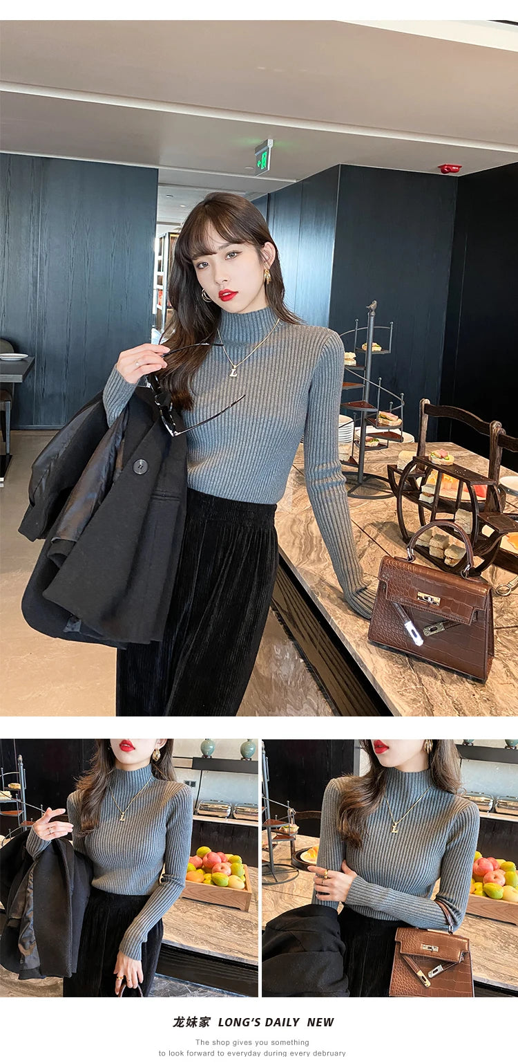 Elegant Solid Basic Knitted Tops Women Turtlneck Sweater Long Sleeve Casual