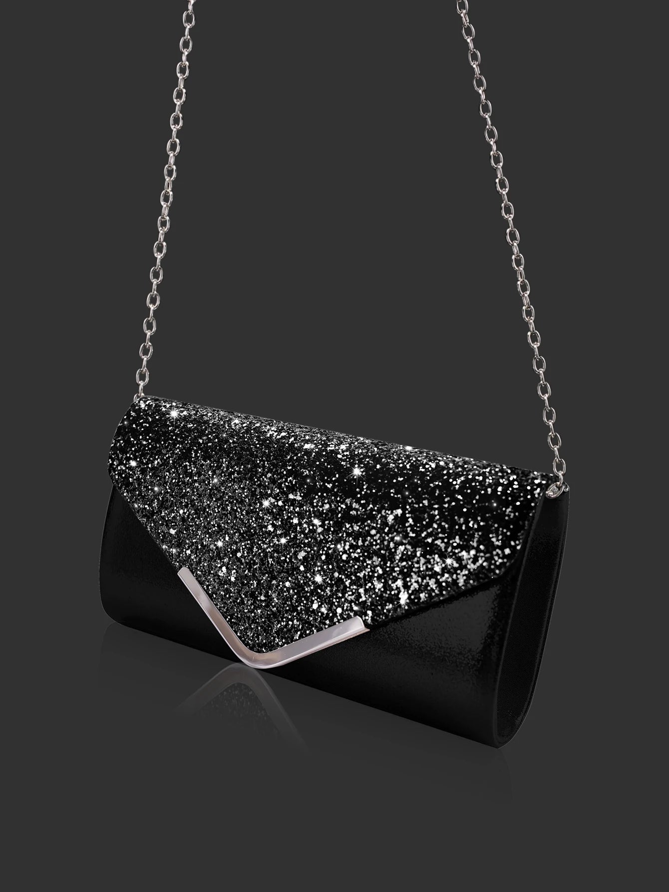 Sparkling and luxurious sequined evening clutch for women, paired with a gorgeous rhinestone necklace, earrings and bracelet set