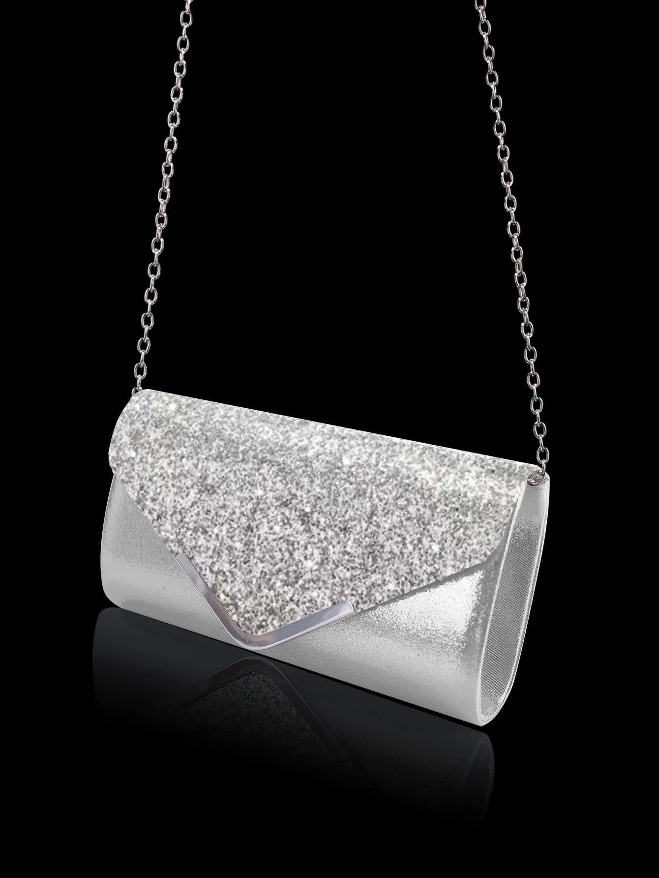 Sparkling and luxurious sequined evening clutch for women, paired with a gorgeous rhinestone necklace, earrings and bracelet set