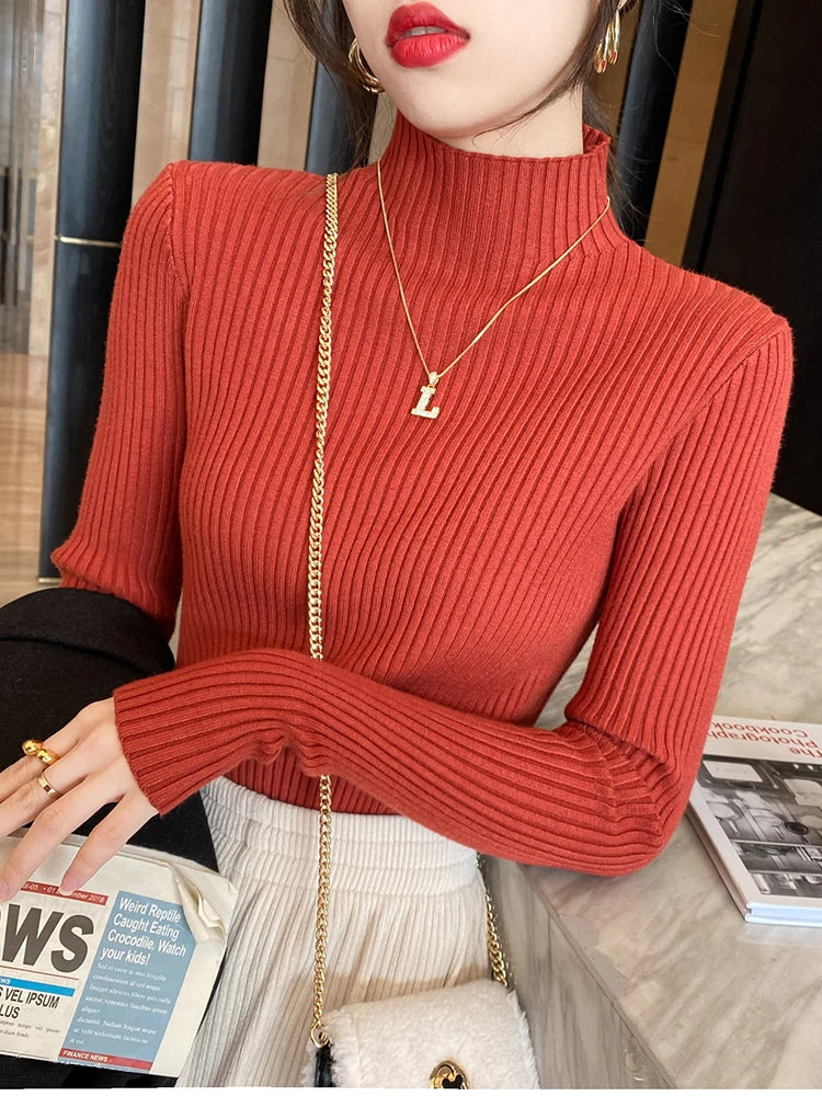 Elegant Solid Basic Knitted Tops Women Turtlneck Sweater Long Sleeve Casual