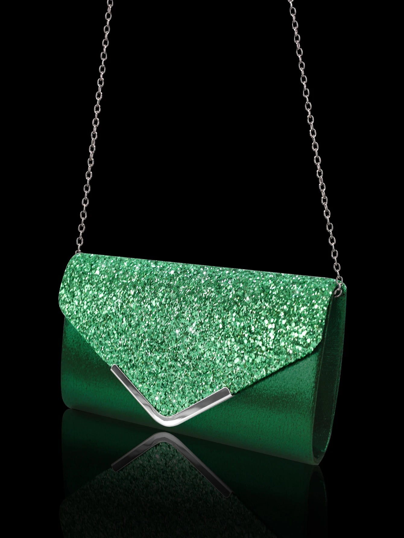 Sparkling and luxurious sequined evening clutch for women, paired with a gorgeous rhinestone necklace, earrings and bracelet set