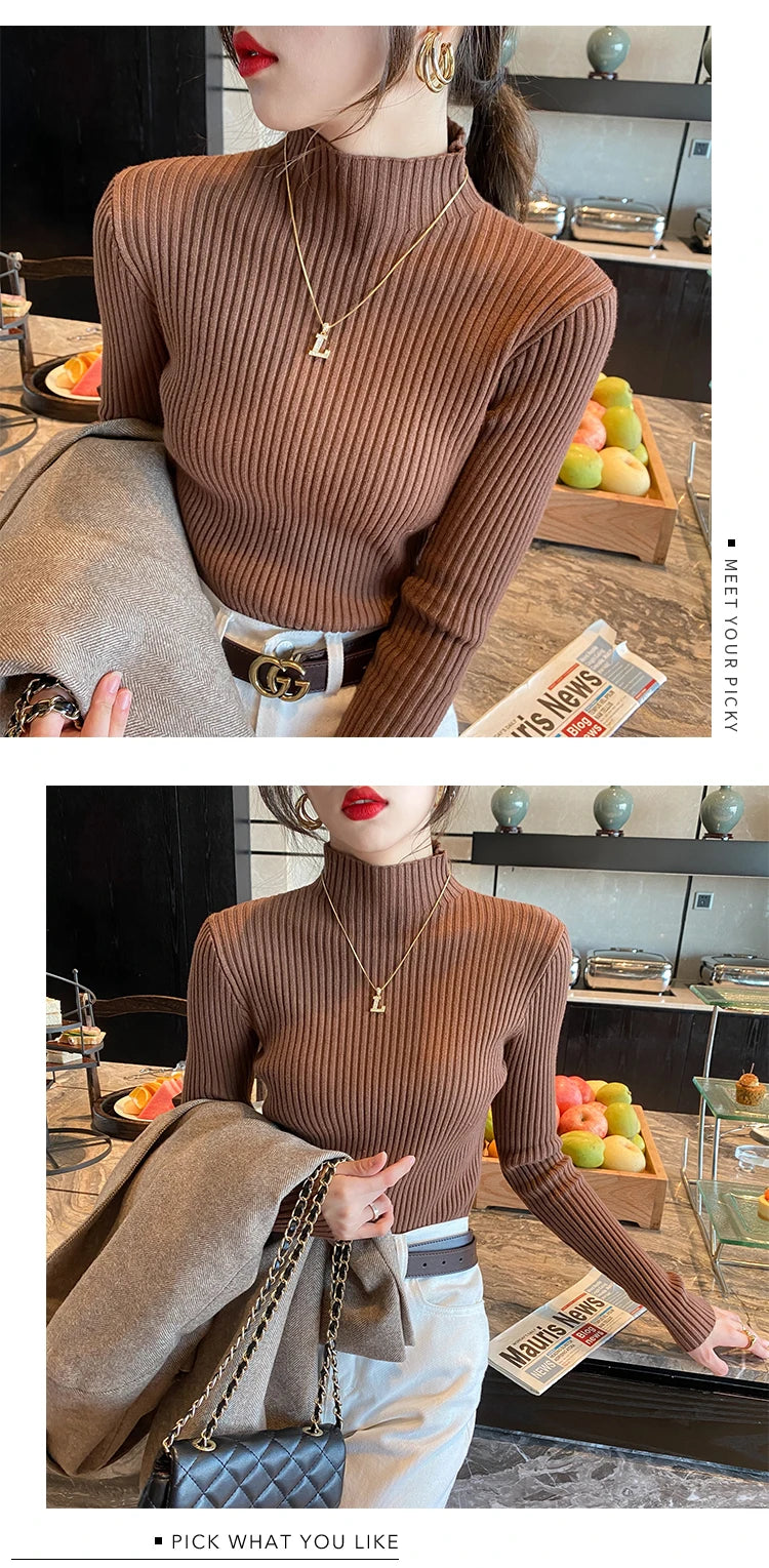 Elegant Solid Basic Knitted Tops Women Turtlneck Sweater Long Sleeve Casual