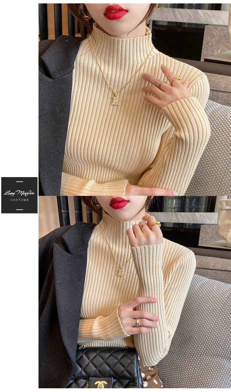 Elegant Solid Basic Knitted Tops Women Turtlneck Sweater Long Sleeve Casual