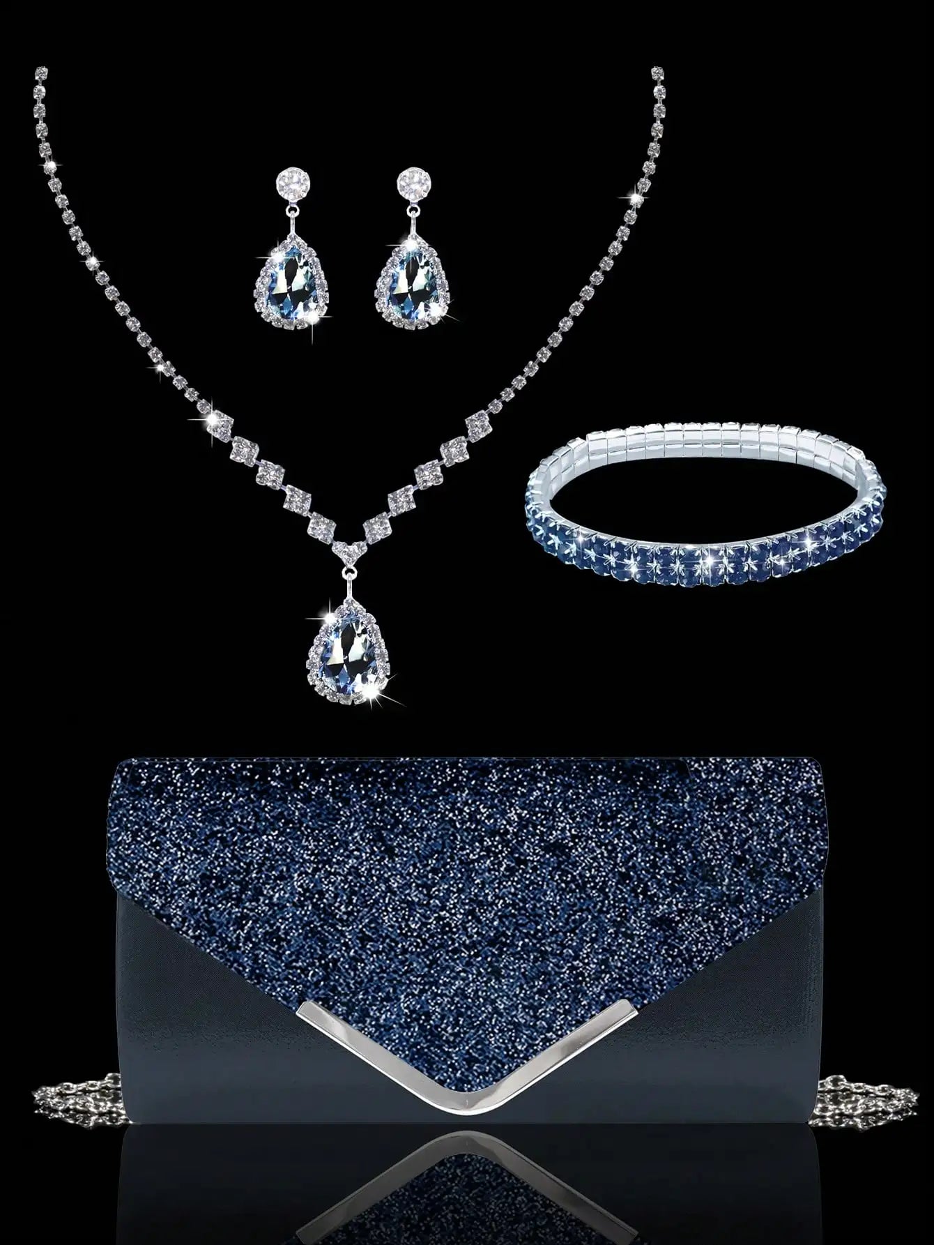 Sparkling and luxurious sequined evening clutch for women, paired with a gorgeous rhinestone necklace, earrings and bracelet set