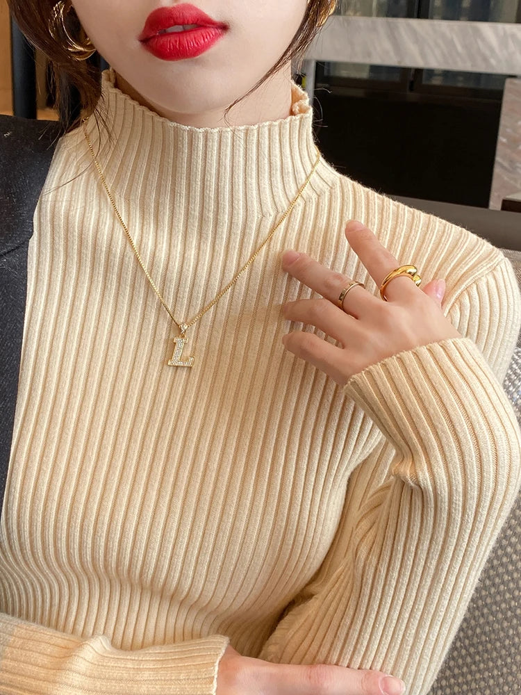 Elegant Solid Basic Knitted Tops Women Turtlneck Sweater Long Sleeve Casual