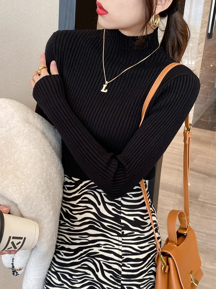 Elegant Solid Basic Knitted Tops Women Turtlneck Sweater Long Sleeve Casual