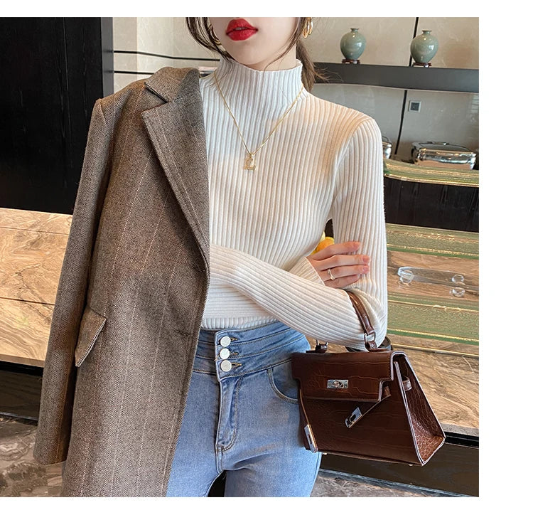 Elegant Solid Basic Knitted Tops Women Turtlneck Sweater Long Sleeve Casual