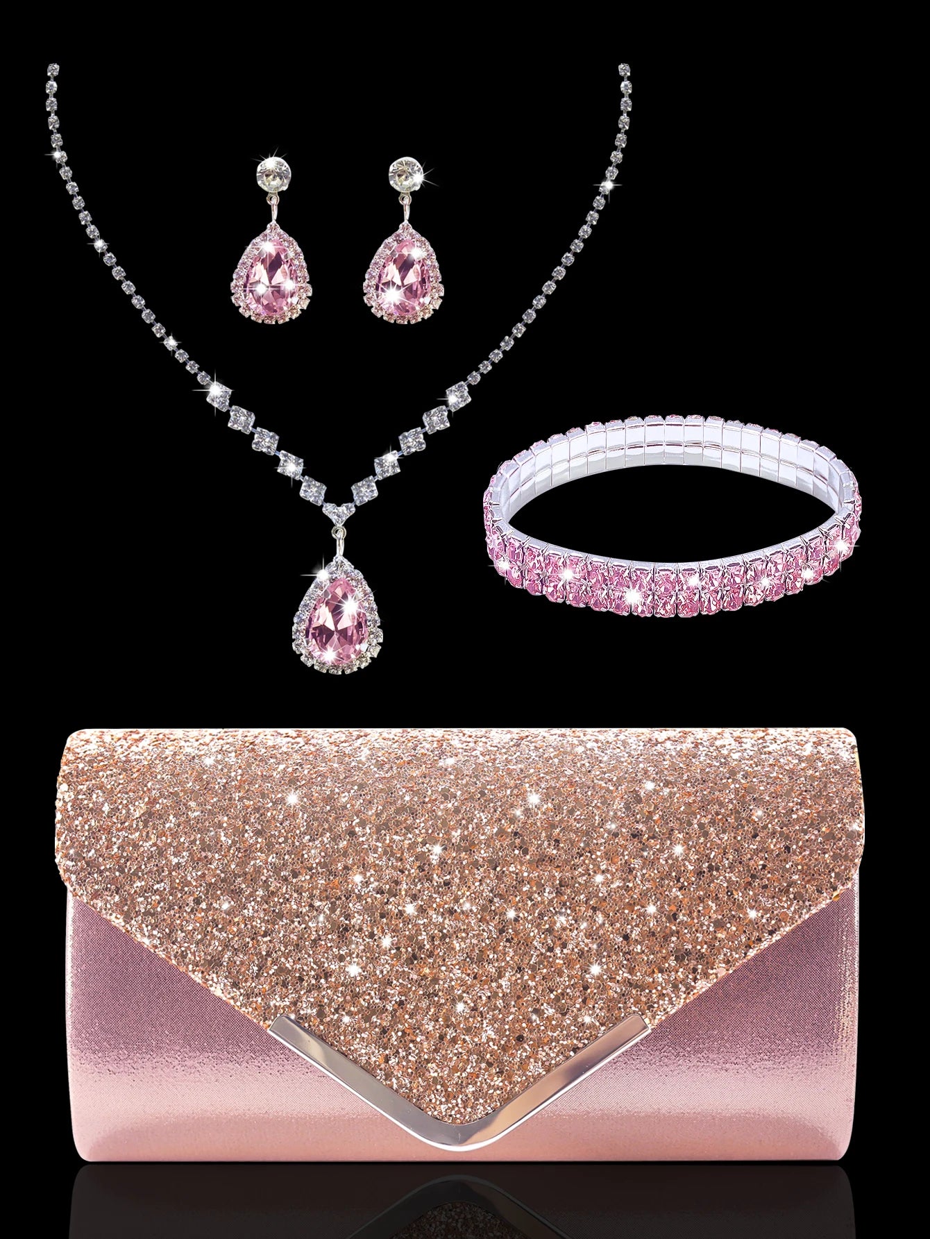 Sparkling and luxurious sequined evening clutch for women, paired with a gorgeous rhinestone necklace, earrings and bracelet set