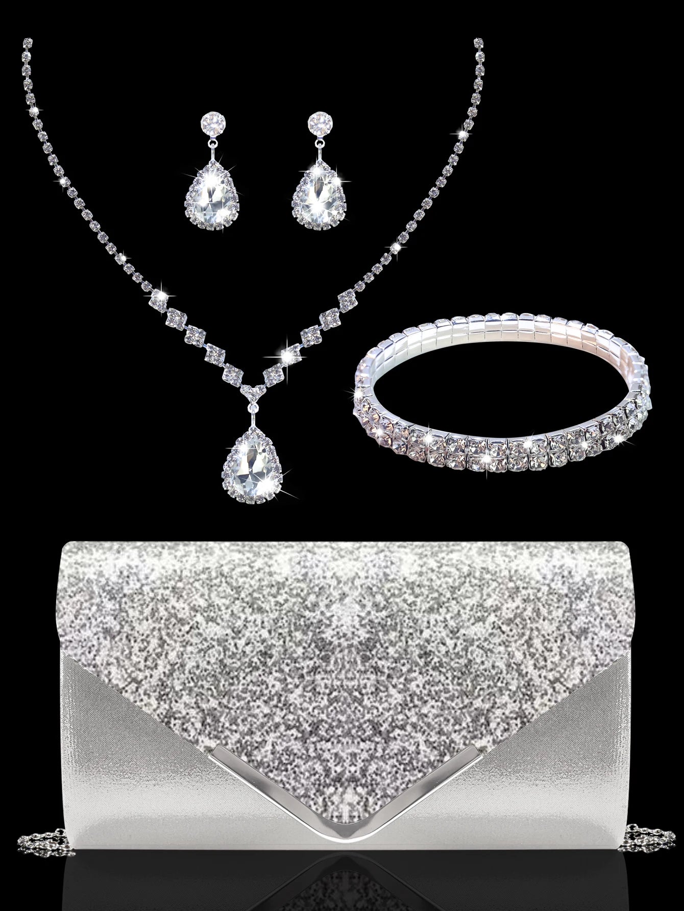 Sparkling and luxurious sequined evening clutch for women, paired with a gorgeous rhinestone necklace, earrings and bracelet set
