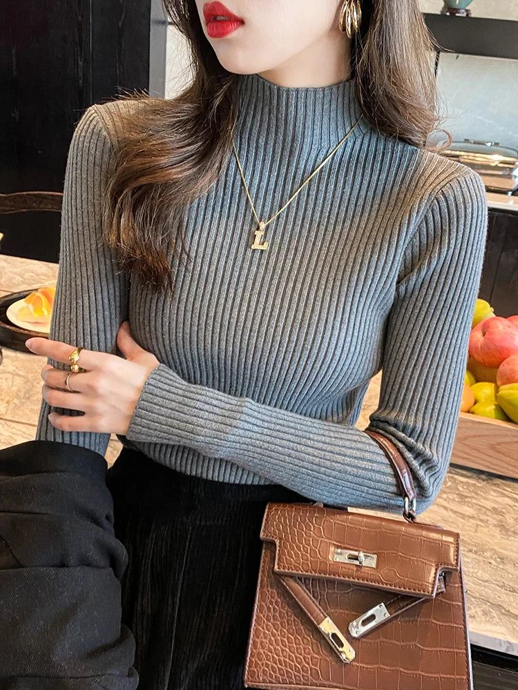 Elegant Solid Basic Knitted Tops Women Turtlneck Sweater Long Sleeve Casual