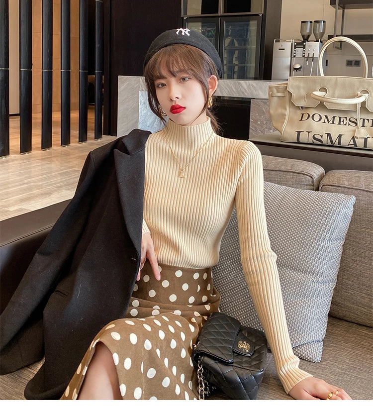 Elegant Solid Basic Knitted Tops Women Turtlneck Sweater Long Sleeve Casual