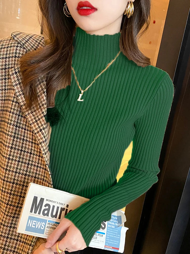 Elegant Solid Basic Knitted Tops Women Turtlneck Sweater Long Sleeve Casual