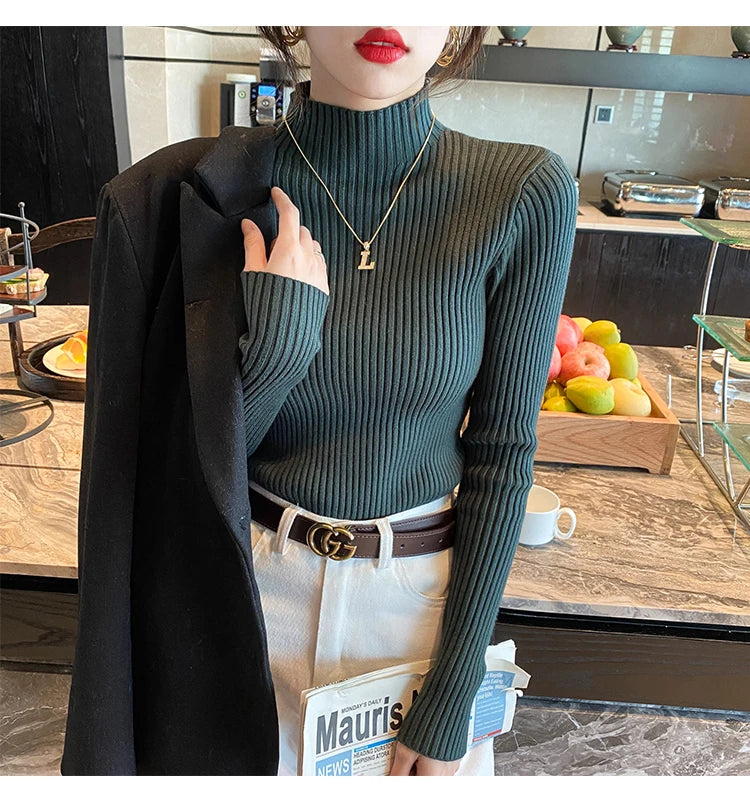 Elegant Solid Basic Knitted Tops Women Turtlneck Sweater Long Sleeve Casual