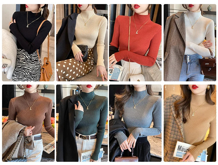 Elegant Solid Basic Knitted Tops Women Turtlneck Sweater Long Sleeve Casual
