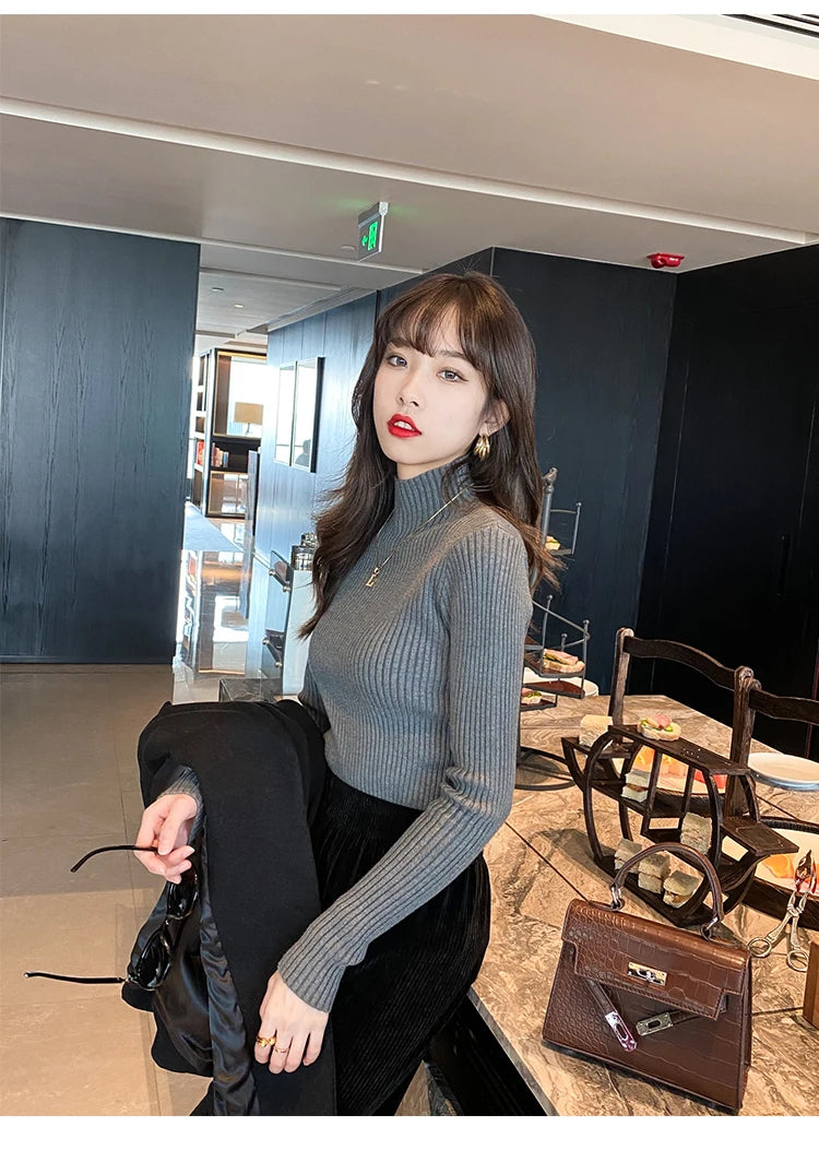 Elegant Solid Basic Knitted Tops Women Turtlneck Sweater Long Sleeve Casual