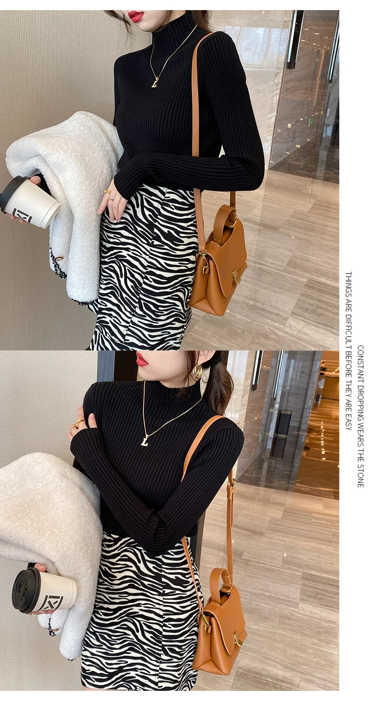 Elegant Solid Basic Knitted Tops Women Turtlneck Sweater Long Sleeve Casual