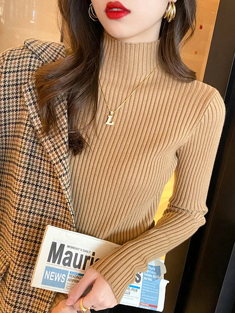 Elegant Solid Basic Knitted Tops Women Turtlneck Sweater Long Sleeve Casual
