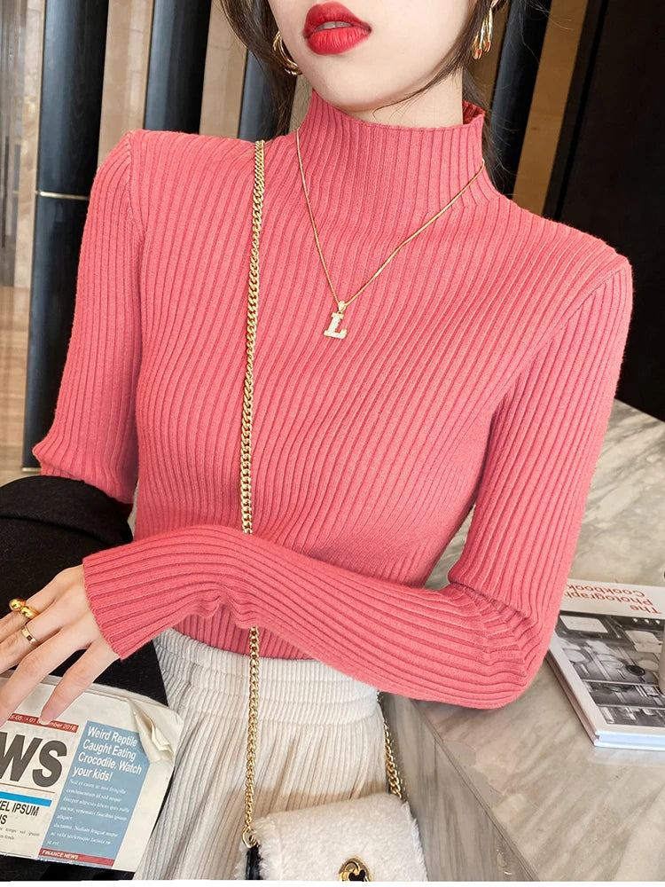 Elegant Solid Basic Knitted Tops Women Turtlneck Sweater Long Sleeve Casual