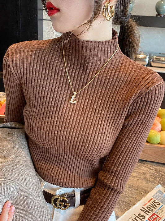 Elegant Solid Basic Knitted Tops Women Turtlneck Sweater Long Sleeve Casual