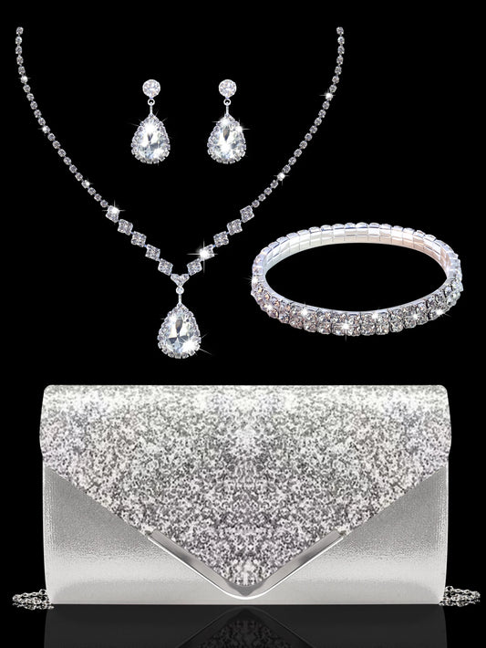 Sparkling and luxurious sequined evening clutch for women, paired with a gorgeous rhinestone necklace, earrings and bracelet set