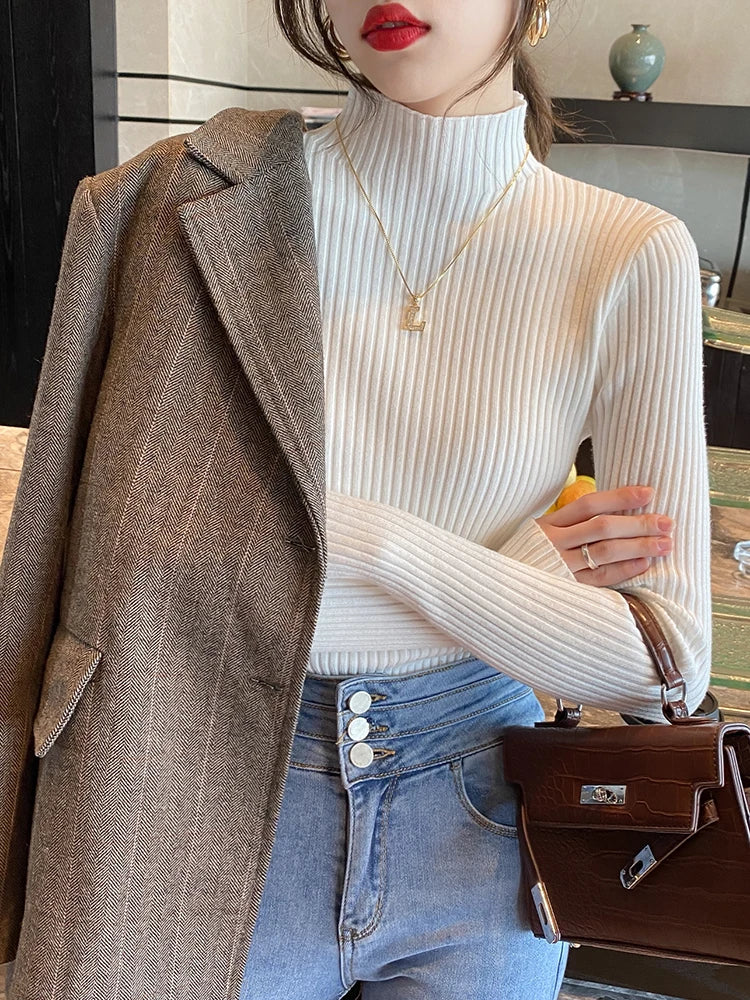 Elegant Solid Basic Knitted Tops Women Turtlneck Sweater Long Sleeve Casual